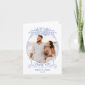 ヴィンテージブルーフローラエレガントなウェディングフォト サンキューカード (正面)