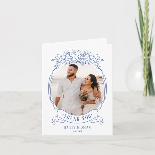 ヴィンテージブルーフローラエレガントなウェディングフォト サンキューカード (正面)