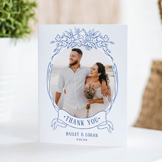 ヴィンテージブルーフローラエレガントなウェディングフォト サンキューカード