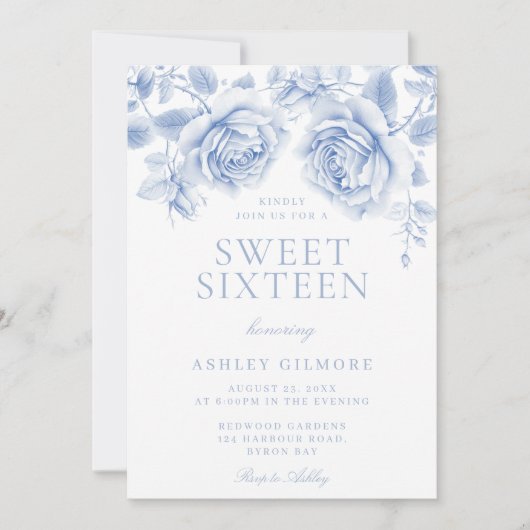 ヴィンテージブルーフローラガールスウィート16パーティー 招待状 (正面)