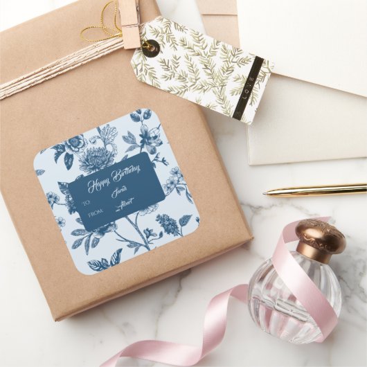 ヴィンテージブルーフローラトワール誕生日 スクエアシール (ギフト)