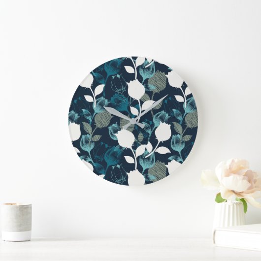 ヴィンテージブルーフローラナイトガーデンパターン投げピル ラージ壁時計 (ホーム)