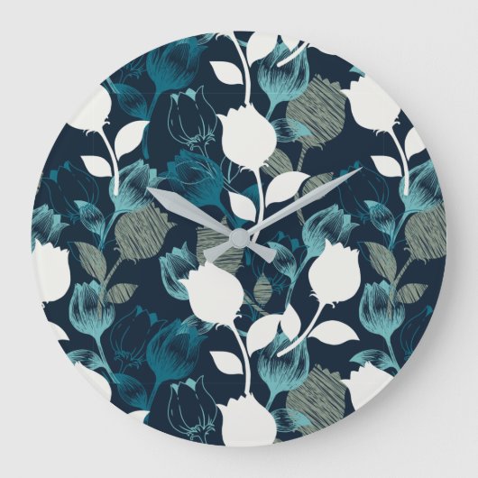 ヴィンテージブルーフローラナイトガーデンパターン投げピル ラージ壁時計 (正面)