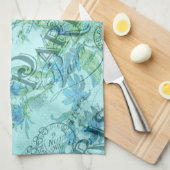 ヴィンテージブルーフローラフランスのパリスポストマークパターン キッチンタオル (四つ折り)