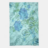 ヴィンテージブルーフローラフランスのパリスポストマークパターン キッチンタオル (縦)