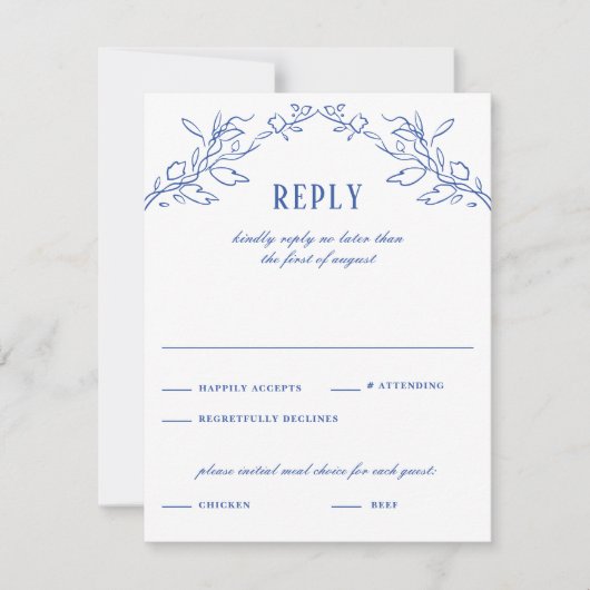 ヴィンテージブルーフローラフレームエレガントな結婚式の返信 出欠カード (正面)