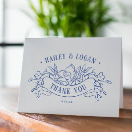 ヴィンテージブルーフローラフレームエレガントな結婚式 サンキューカード