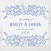 ヴィンテージブルーフローラフレームエレガントな結婚式 スパークリングワインラベル (シングルラベル)