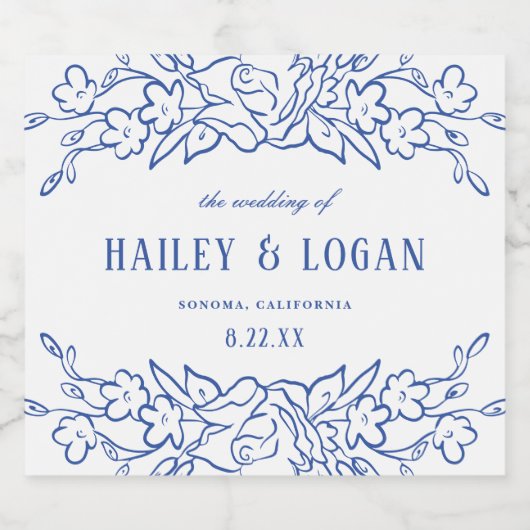 ヴィンテージブルーフローラフレームエレガントな結婚式 スパークリングワインラベル (シングルラベル)