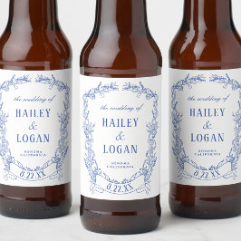 ヴィンテージブルーフローラフレームエレガントな結婚式 ビールラベル