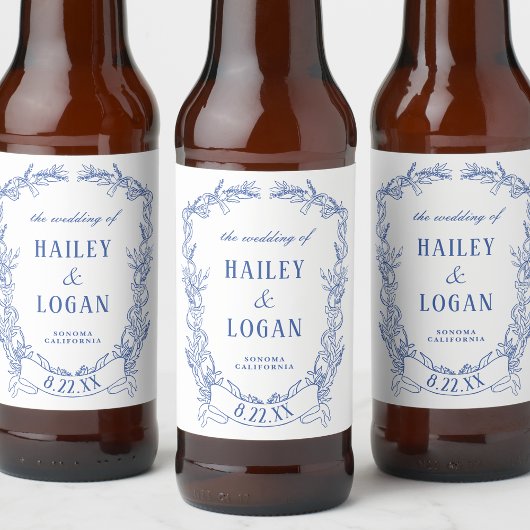 ヴィンテージブルーフローラフレームエレガントな結婚式 ビールラベル