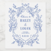 ヴィンテージブルーフローラフレームエレガントな結婚式 ワインラベル (シングルラベル)