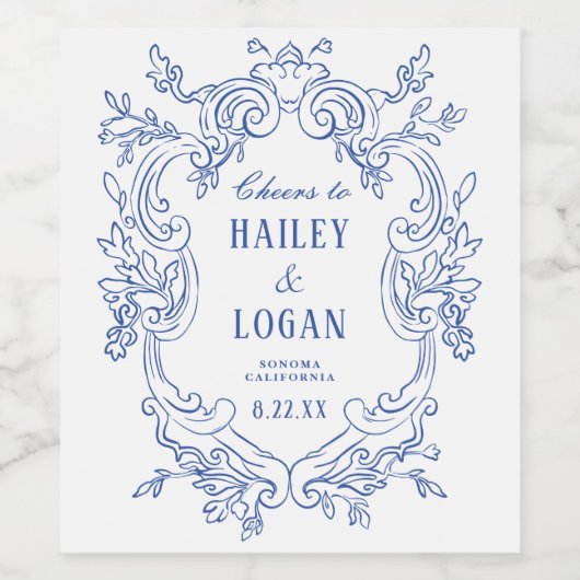 ヴィンテージブルーフローラフレームエレガントな結婚式 ワインラベル (シングルラベル)