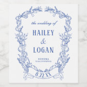 ヴィンテージブルーフローラフレームエレガントな結婚式 ワインラベル (シングルラベル)