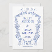 ヴィンテージブルーフローラフレーム結婚式の日付を保存 セーブザデート (正面)