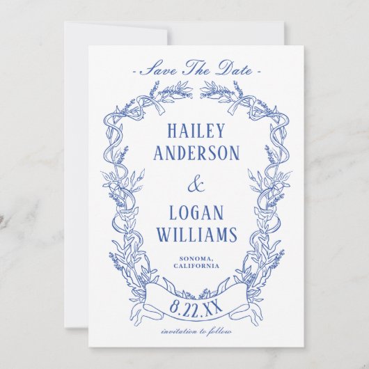 ヴィンテージブルーフローラフレーム結婚式の日付を保存 セーブザデート (正面)