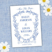 ヴィンテージブルーフローラフレーム結婚式の日付を保存 セーブザデート