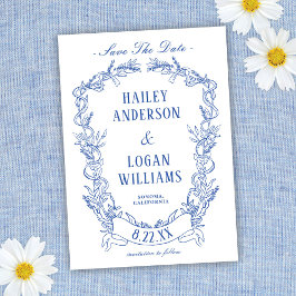 ヴィンテージブルーフローラフレーム結婚式の日付を保存 セーブザデート