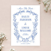 ヴィンテージブルーフローラフレーム結婚式の日付を保存 セーブザデート