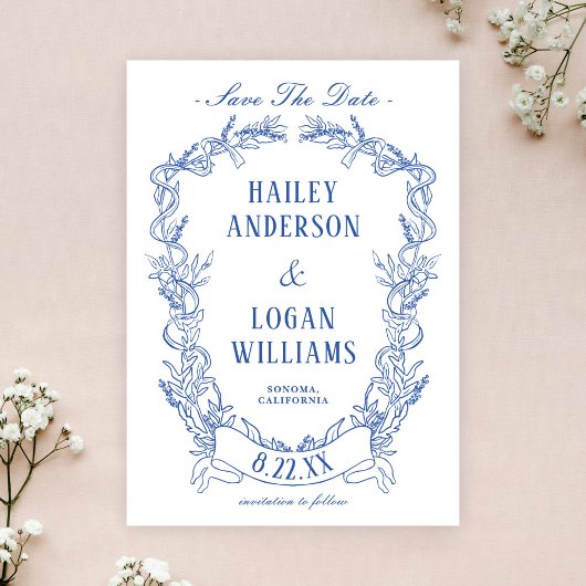 ヴィンテージブルーフローラフレーム結婚式の日付を保存 セーブザデート