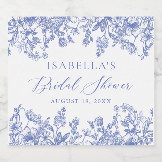 ヴィンテージブルーフローラブライダルシャワーワインラベル スパークリングワインラベル (シングルラベル)