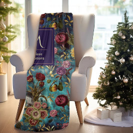 ヴィンテージブルーフローラモノグラム フリースブランケット