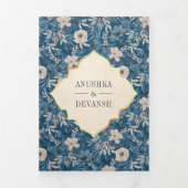 ヴィンテージブルーフローラルパターンQRコードインディアン結婚s 三つ折り招待状 (カバー)