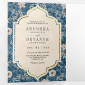 ヴィンテージブルーフローラルパターンQRコードインディアン結婚s 三つ折り招待状 (内部最初)