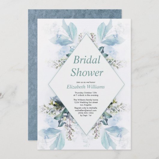 ヴィンテージブルーフローラ水色ブライダルシャワー 招待状 (正面/裏面)