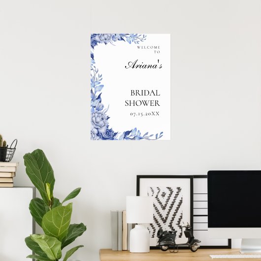 ヴィンテージブルーフローラ結婚のウェルカムサイン ポスター (ホームオフィス)