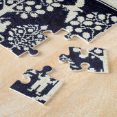 ヴィンテージブルーフローラ花織物織物 ジグソーパズル (側面)