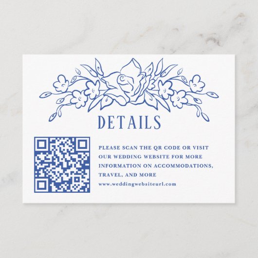 ヴィンテージブルーフローラQRコード結婚の詳細 エンクロージャーカード (正面)