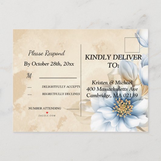 ヴィンテージブルーフローラRSVP招待状はがき インビテーションポストカード (裏面)