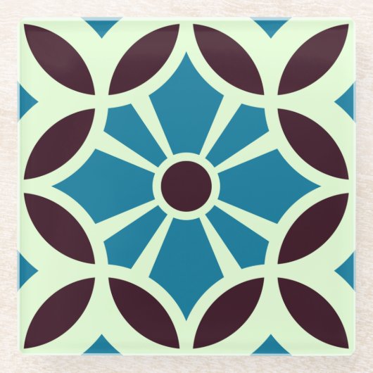 ヴィンテージブルーブラウンバルセロナスタータイル幾何学模様 ガラスコースター (正面)