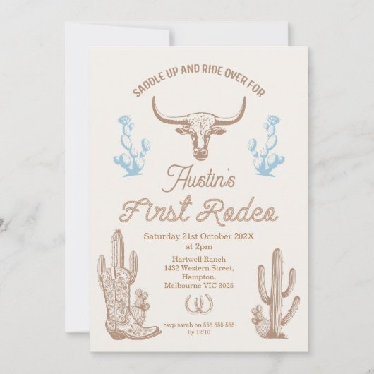 ヴィンテージブルーブラウンボーイズ最初のRodeo 1st誕生日 招待状 (正面)