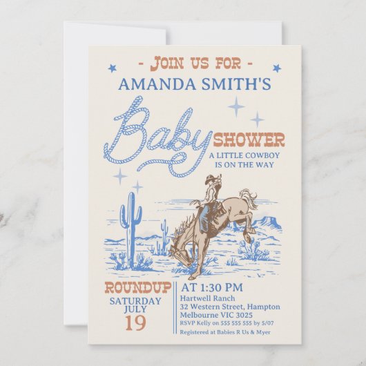 ヴィンテージブルーブラウンロデオカウボーイ赤ちゃんシャワー 招待状 (正面)