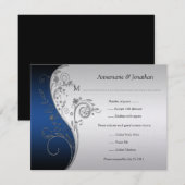 ヴィンテージブルーブラックとシルバーのフローラRSVP 出欠カード (正面/裏面)