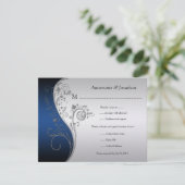 ヴィンテージブルーブラックとシルバーのフローラRSVP 出欠カード (スタンド正面)