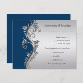 ヴィンテージブルーブラックとシルバーのフローラRSVP 出欠カード (正面/裏面)