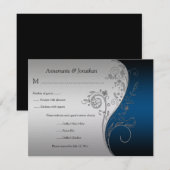 ヴィンテージブルーブラックとシルバーのフローラRSVP 出欠カード (正面/裏面)