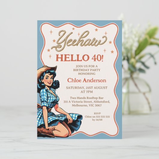 ヴィンテージブルーブラックウェスタン女性のカーボーイ40歳の誕生日 招待状 (スタンド正面)