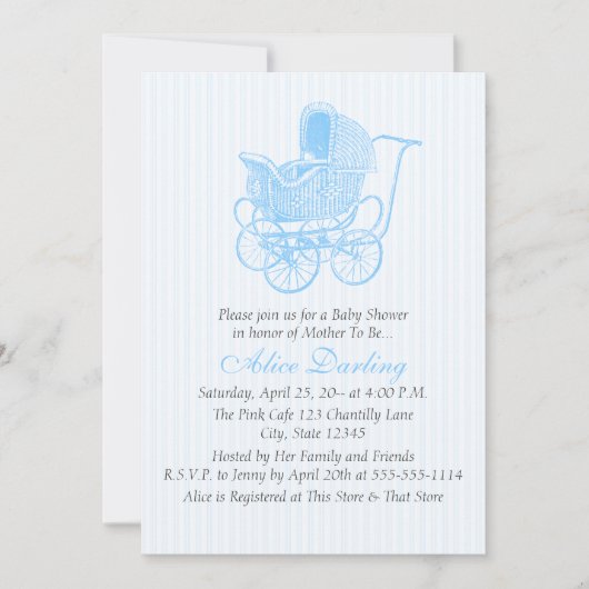 ヴィンテージブルーベビーキャリッジベビーシャワー 招待状 (正面)