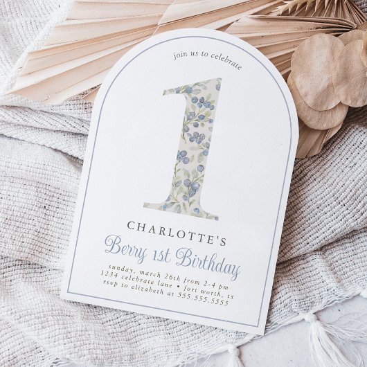 ヴィンテージブルーベリーベリーファースト誕生日アーチ 招待状