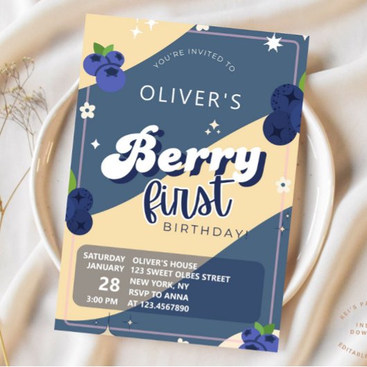 ヴィンテージブルーベリーベリーファースト誕生日グルーヴィ 招待状