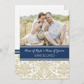 ヴィンテージブルーベージュダマスク写真エロペメントカード 案内状 (正面/裏面)