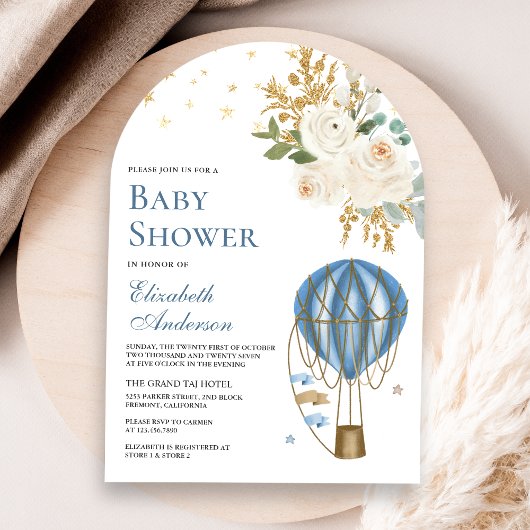 ヴィンテージブルーホットエアバルーンアーチベビーシャワー 招待状
