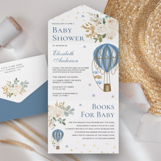 ヴィンテージブルーホットエアバルーンベビーシャワー オールインワン招待状