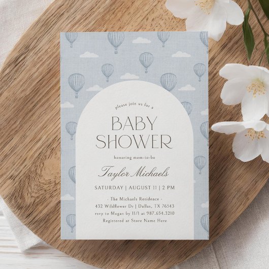 ヴィンテージブルーホットエアバルーンベビーシャワー 招待状