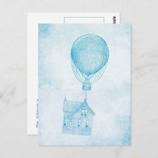ヴィンテージブルーホットエアバルーン移動コテージ ポストカード (正面/裏面)