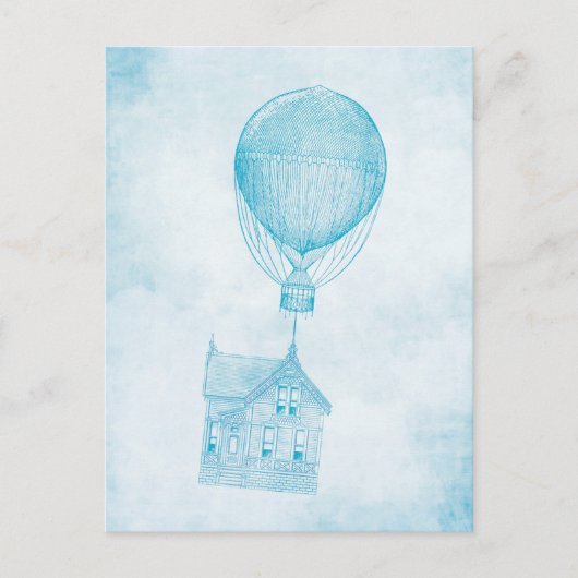 ヴィンテージブルーホットエアバルーン移動コテージ ポストカード (正面)